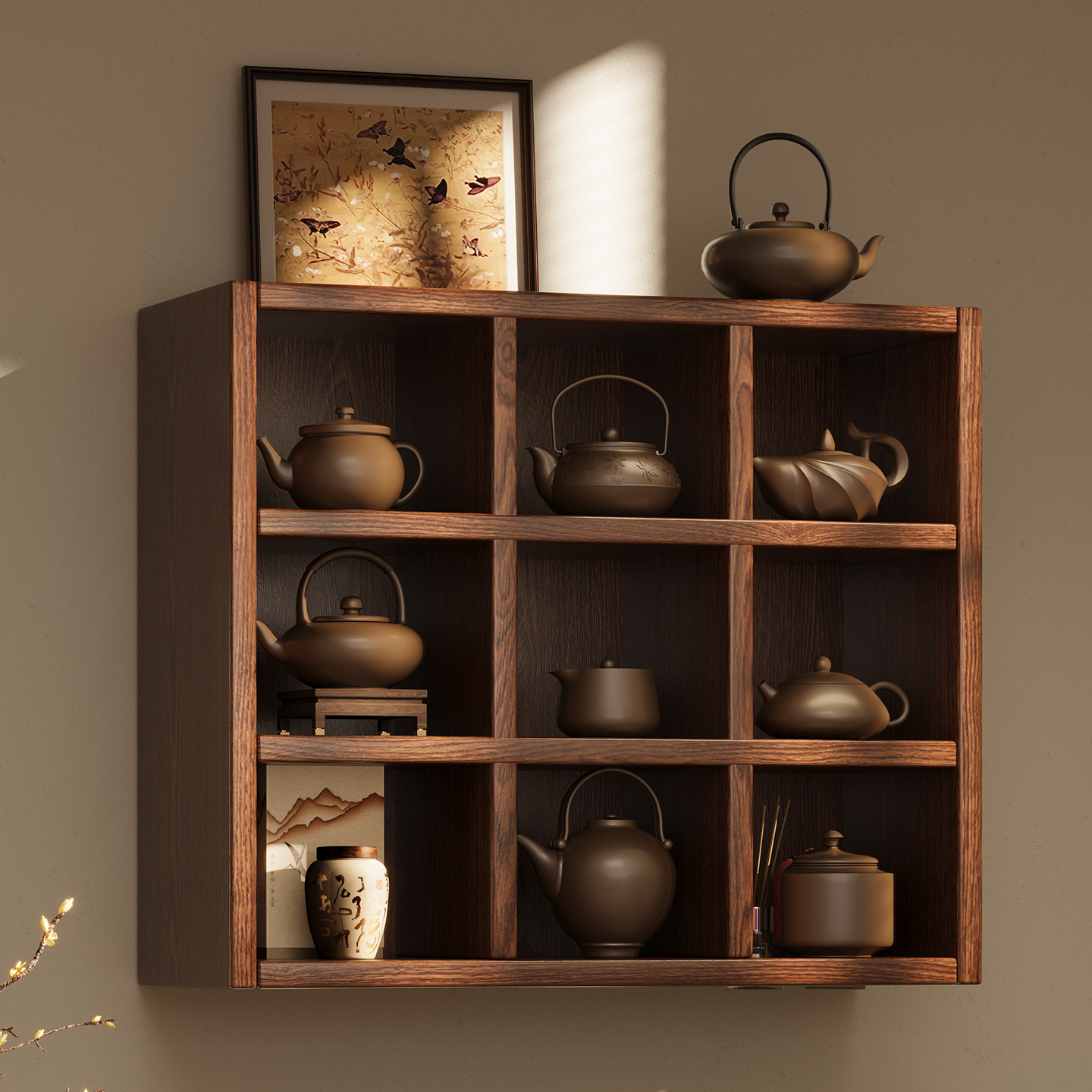 格子架杯子实木收纳格子挂墙上置物展示架茶桌分格茶具小型博古架