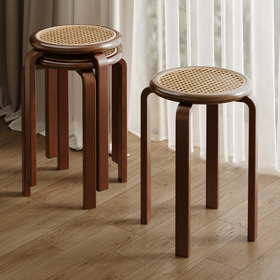 实木藤编凳可叠放板凳收纳组合