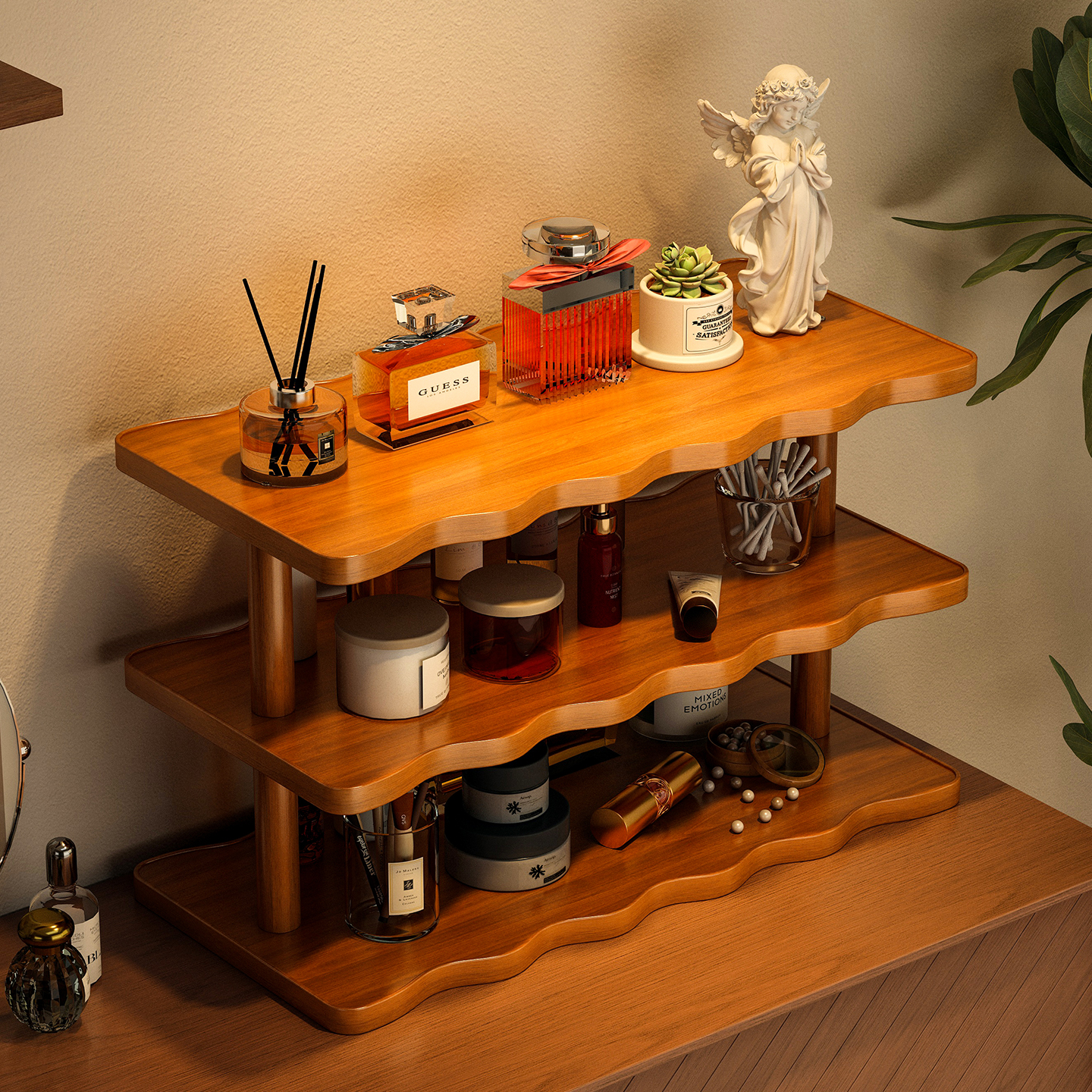 化妆品置物架桌面香水口红收纳盒实木玄关梳妆台护肤品首饰收纳架