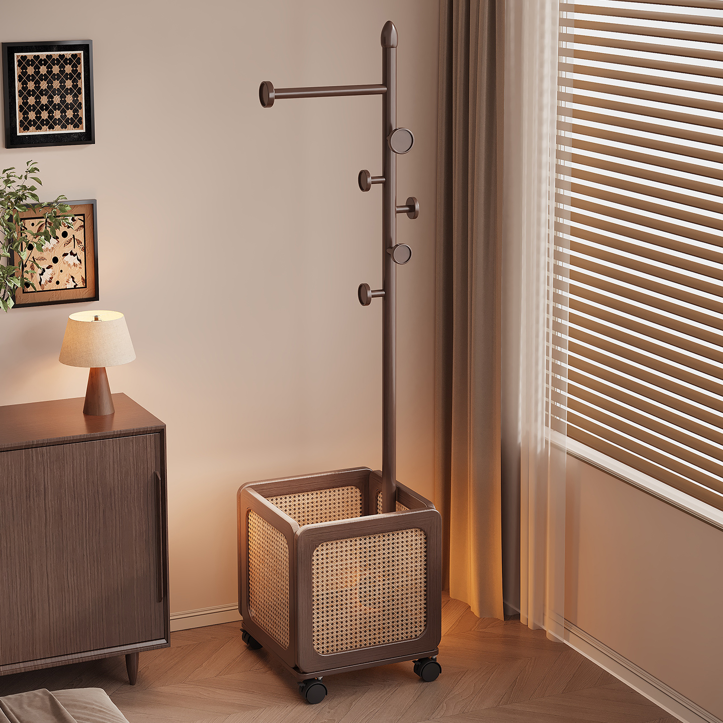 实木挂衣架落地卧室衣帽架家用可移动脏衣篓中古衣服收纳架置物架