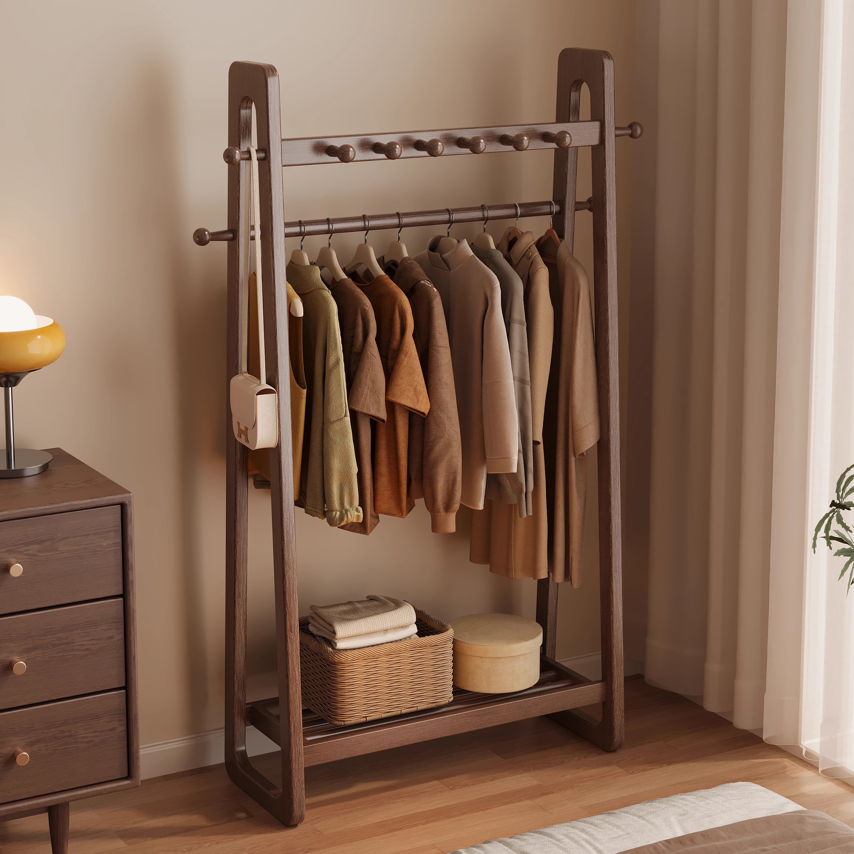 实木挂衣架落地卧室家用衣帽架简易晾衣架置物室内挂衣服收纳架子