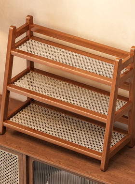 桌面置物架桌上收纳架办公咖啡茶具水杯客厅台上中古风藤编储物架