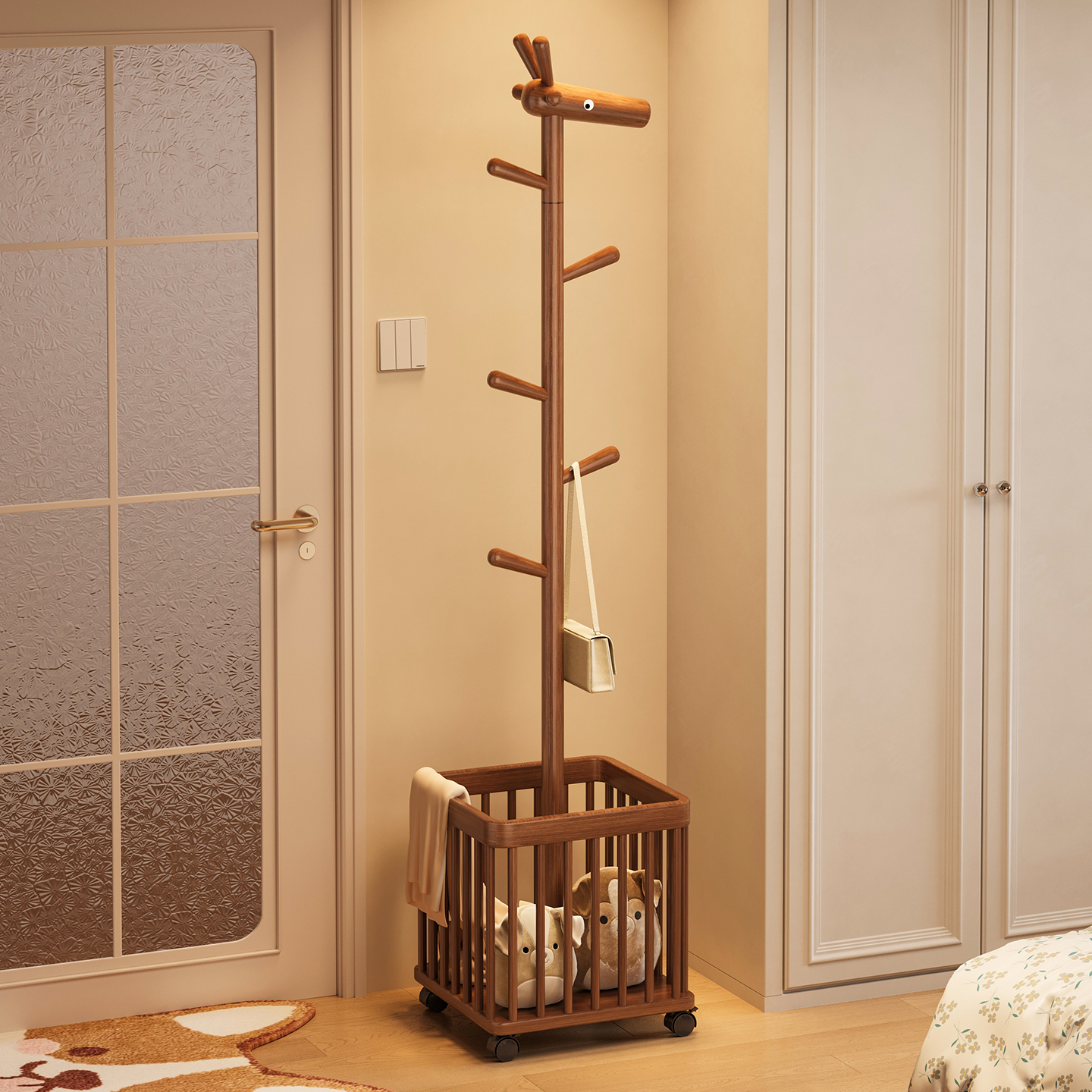 实木小鹿挂衣架落地卧室客厅床头脏衣篓儿童创意床边可移动衣帽架