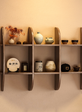 实木茶具展示架挂墙中式博古架壁挂多宝阁茶杯摆件收纳置物格子架