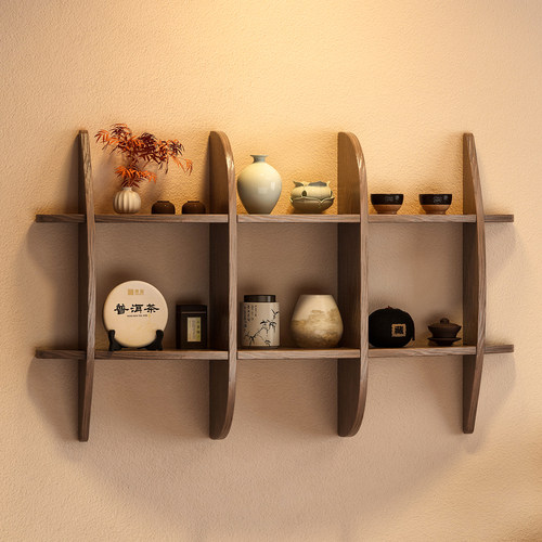 实木茶具展示架挂墙中式博古架壁挂多宝阁茶杯摆件收纳置物格子架