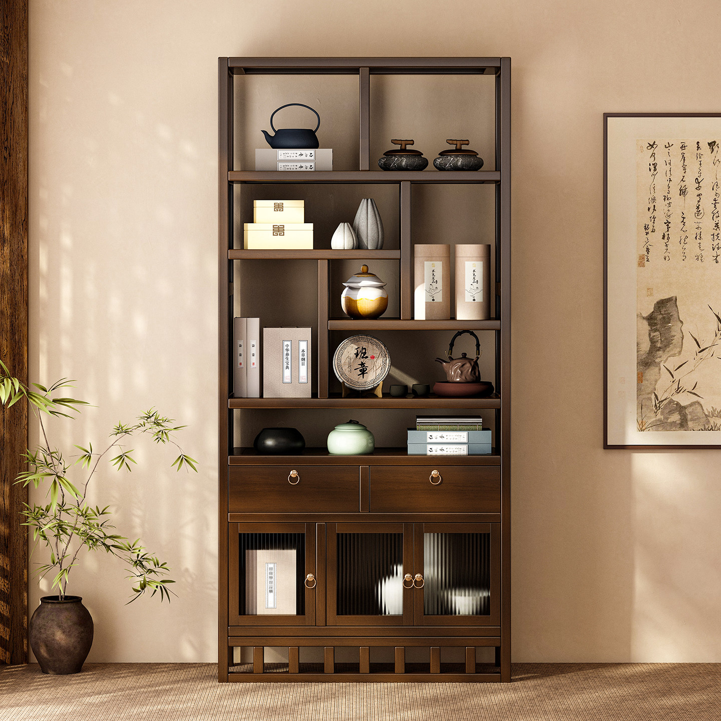 中式落地博古架办公室茶室茶柜摆件展示架客厅古董花瓶收纳置物架