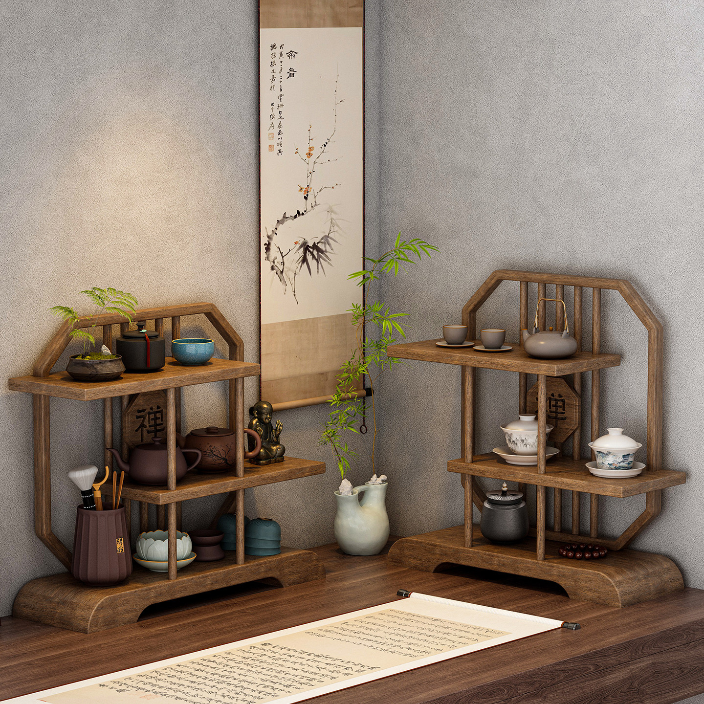 宋式禅意八角博古架胡桃木茶桌置物架福字茶具收纳展示柜多层摆放