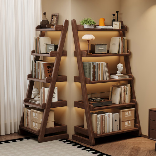 实木书架落地置物架家用客厅一体靠墙储物柜儿童梯形收纳展示架子