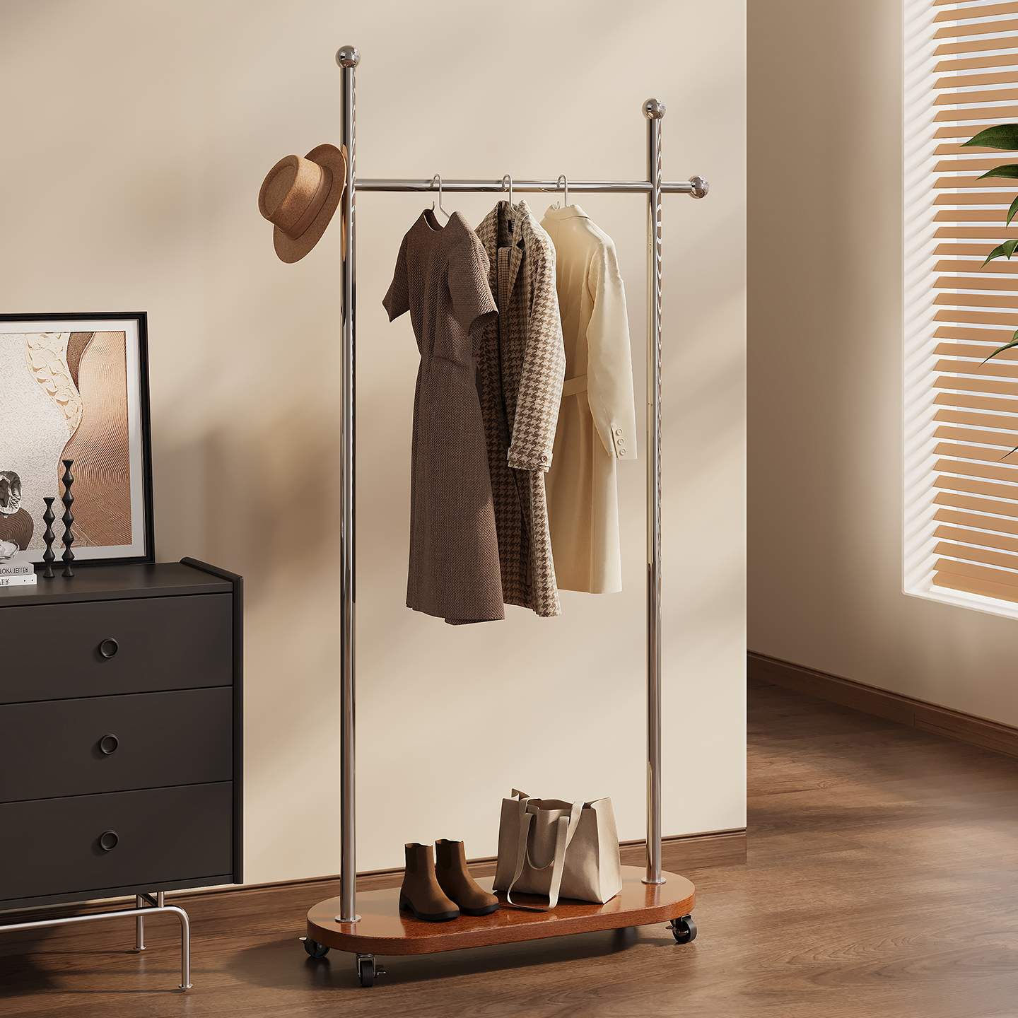 铁艺衣帽架家用卧室落地挂衣架入户门挂包架可移动衣服收纳置物架