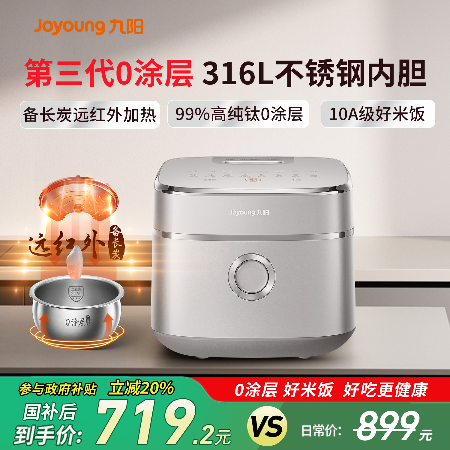 九阳4L大容量不粘锅3-6人电饭煲