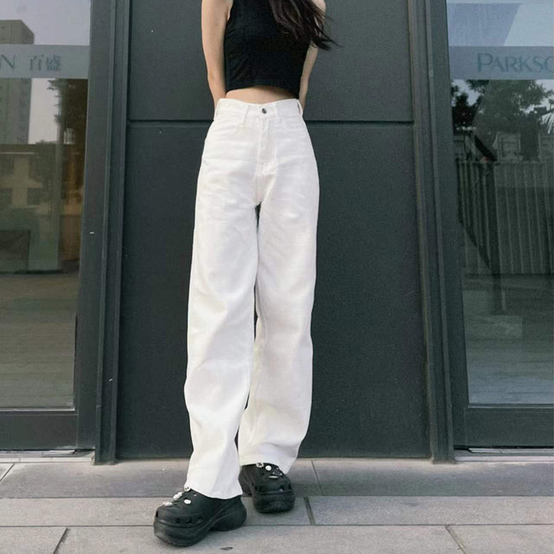 UANB高腰阔腿牛仔裤女士宽松垂感拖地修身白色直筒百搭休闲长裤