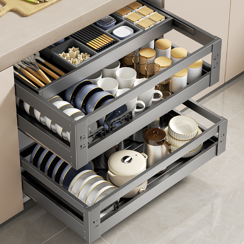 拉篮厨房橱柜双层抽屉式碗篮碗架放碗筷收纳碗柜三层太空铝抽中抽