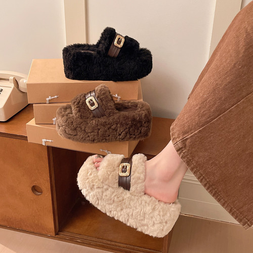 女款7CM厚底增高毛绒一脚蹬鞋