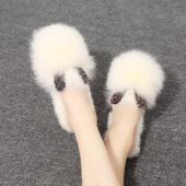 棉拖鞋 女秋冬狐狸毛包头半拖真兔毛水钻可爱小兔子耳朵毛绒绒拖鞋
