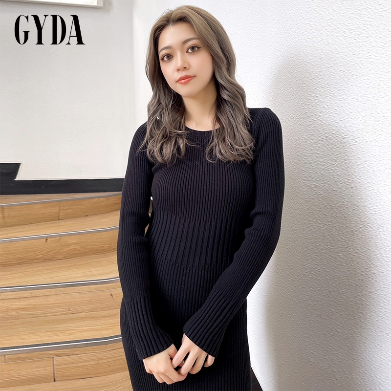 GYDA2024秋季新品高级简约罗纹紧身开衩针织连衣长裙女0724503614