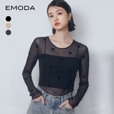 EMODA2024秋季新品高级简约气质感圆领透视长袖上衣0424427005