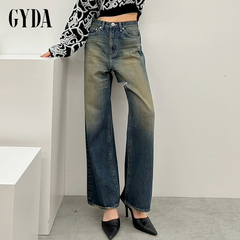 GYDA2024冬季新品宽松休闲高腰磨白割破设计阔腿牛仔裤0724624136