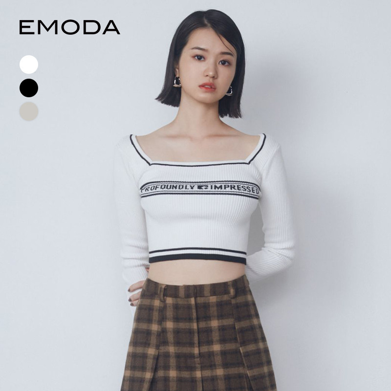 EMODA2024秋季新品气质感优雅方领罗纹针织短上衣女士0424526006