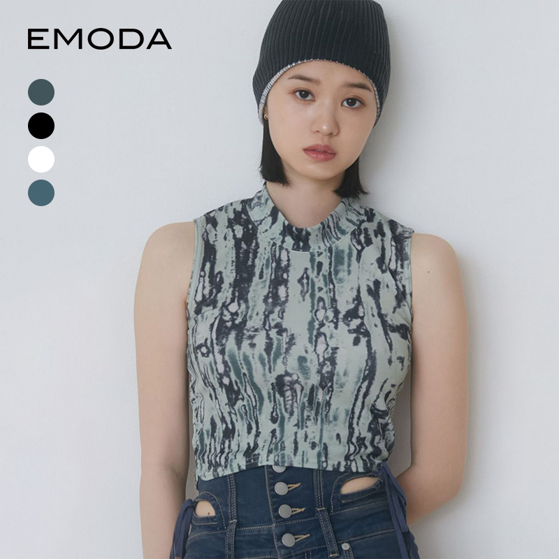 EMODA2024夏季新品高级感中领无袖螺纹短上衣女士上衣0424427704