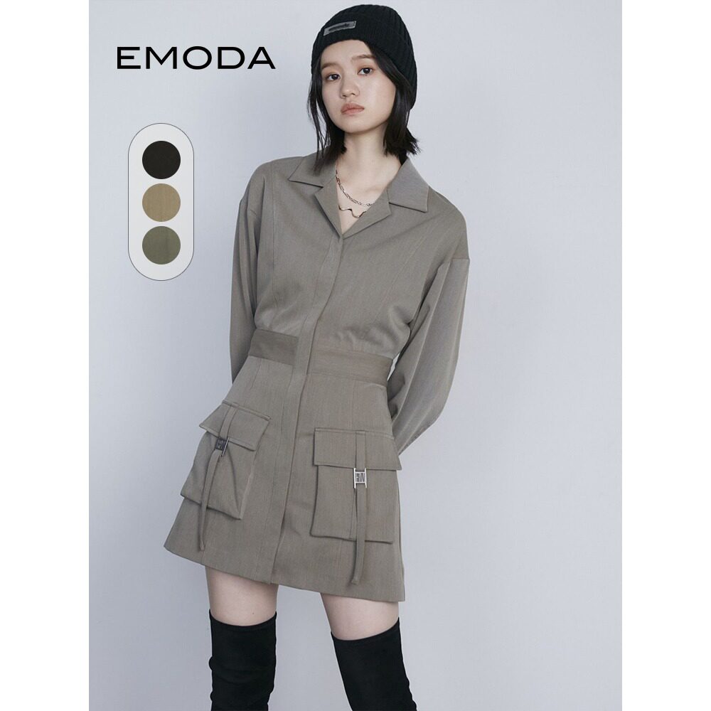 EMODA秋季新款翻领收腰长袖甜酷风口袋工装风连衣短裙0423503705