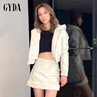 GYDA2024冬季 宽松休闲通勤风仿皮革拼接兜帽短外套0724600415 新品