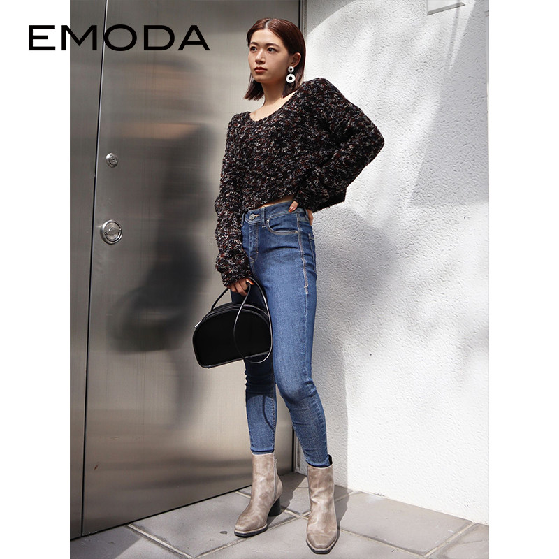 emoda方头中跟百搭高帮鞋