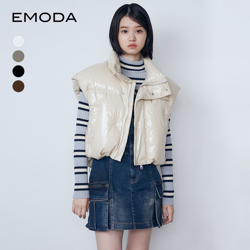 EMODA2024秋冬新品轻奢小众下摆抽绳光面短款羽绒背心0424501702