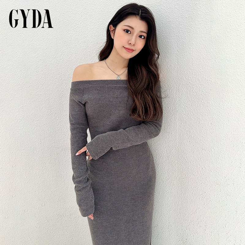 GYDA2024秋季新品高级简约气质感一字肩修身长款连衣裙0724503839