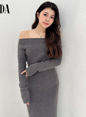 GYDA2024秋季新品高级简约气质感一字肩修身长款连衣裙0724503839