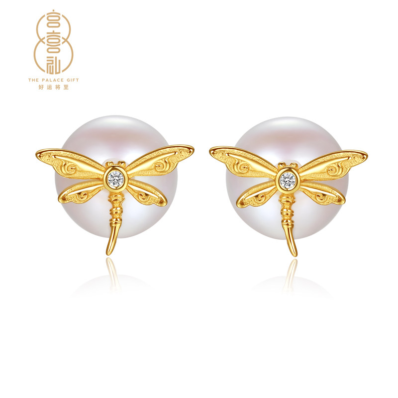 故宫文创宫喜礼首饰蜻蜓点水珍珠耳钉s925银镀18k金耳饰国风简约
