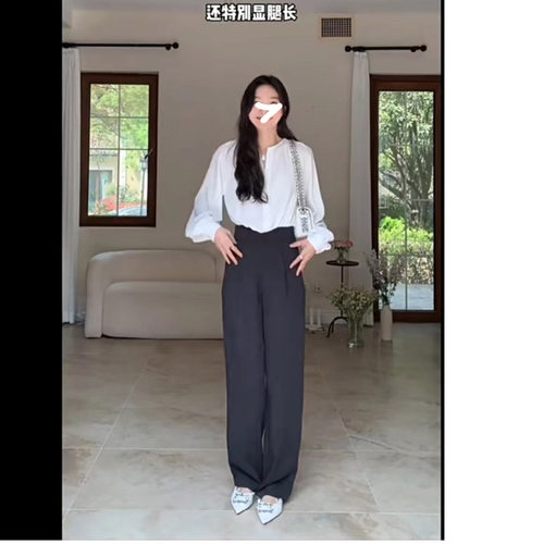 九九呢 V字高腰显瘦直筒西裤女2024春夏新款黑色百搭阔腿裤长裤