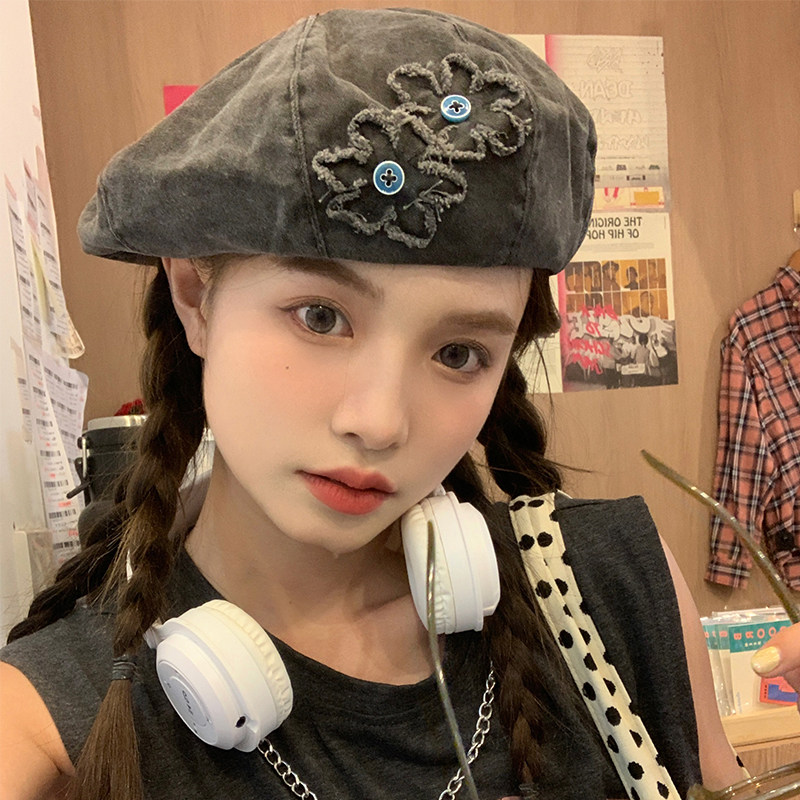 网红2024新款水洗做旧牛仔贝雷帽花朵贴布春夏款显脸小画家帽子女