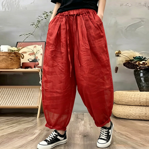 薄款苎麻加里衬休闲九分哈伦裤