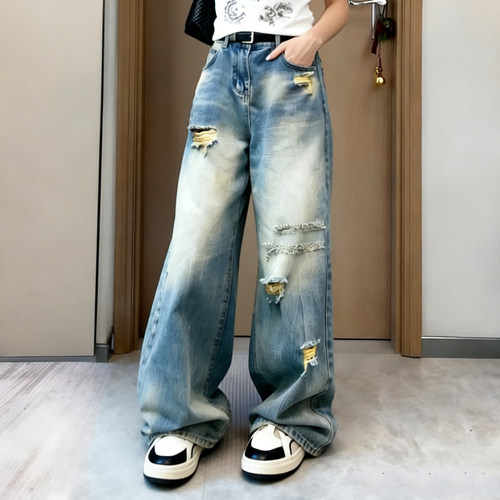 美式破洞高腰阔腿显瘦牛仔裤女款