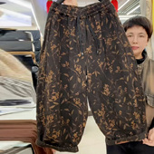 小个子宽松垂感洋气九分裤 咖色复古彩花双织麻哈伦裤 女2026春季