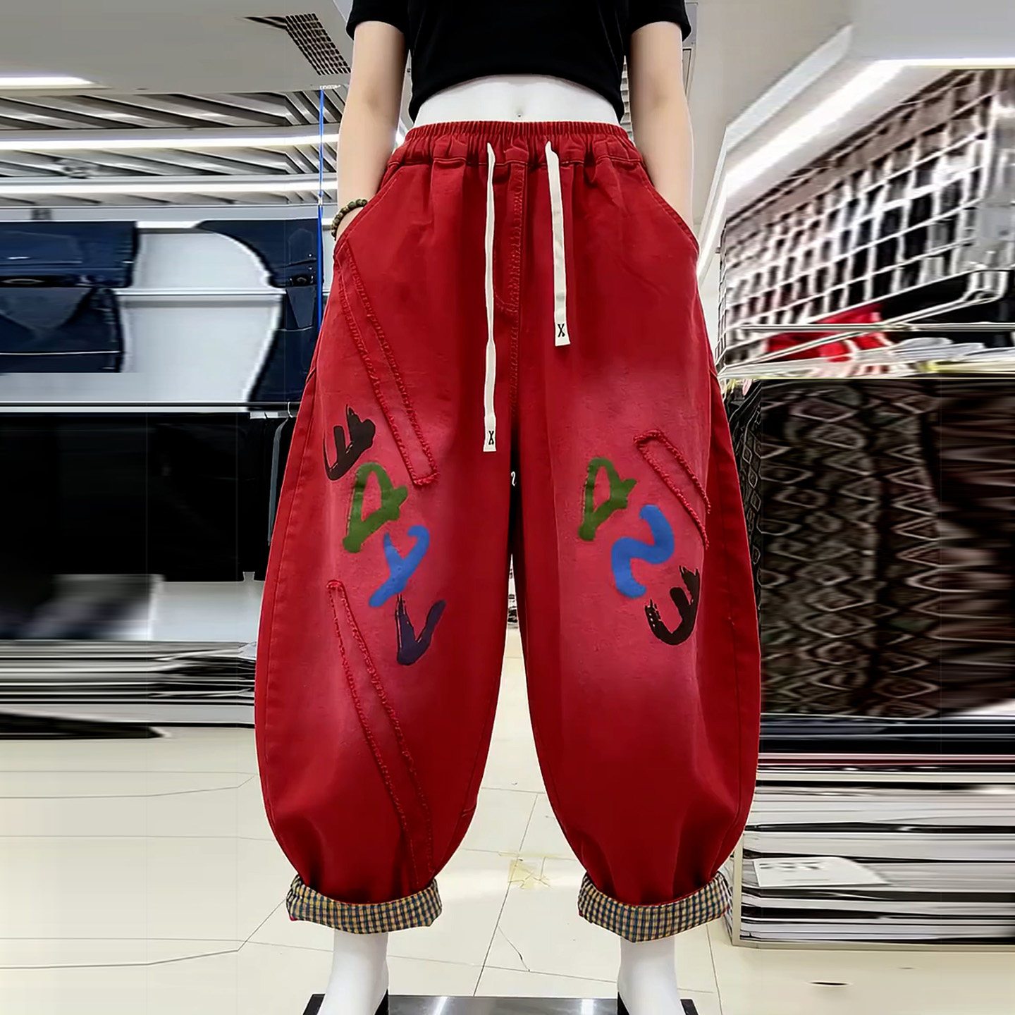 小个子彩色水洗牛仔棉哈伦裤女梨形身材高腰宽松显瘦字母九分裤春