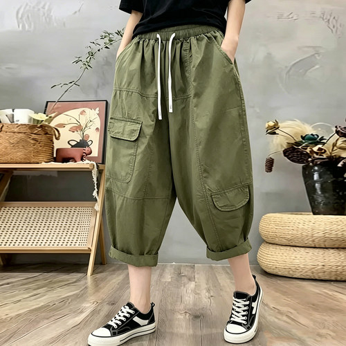 绿色高腰抽绳薄款工装多袋哈伦裤