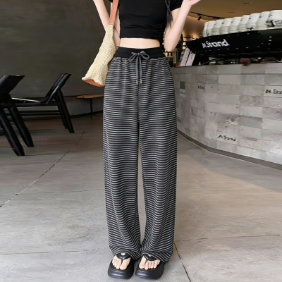 夏季美式条纹高腰显瘦阔腿裤