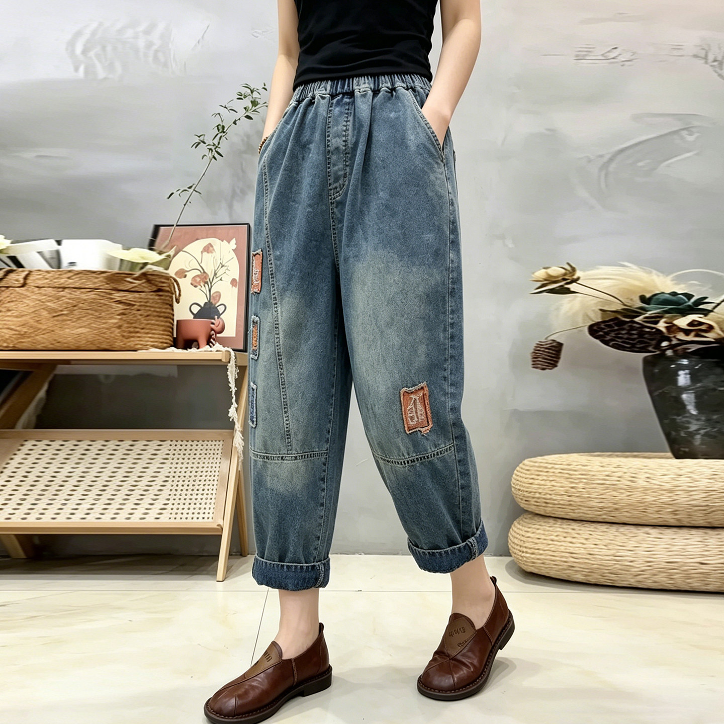 松紧高腰宽松显瘦彩色布贴装饰做旧牛仔哈伦裤女夏季减龄九分裤