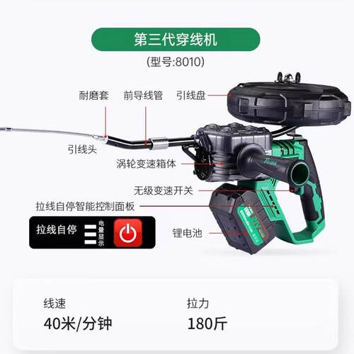 新款锐霸穿线机8010无刷第三代锂电穿线器电工全自动引线器电包邮