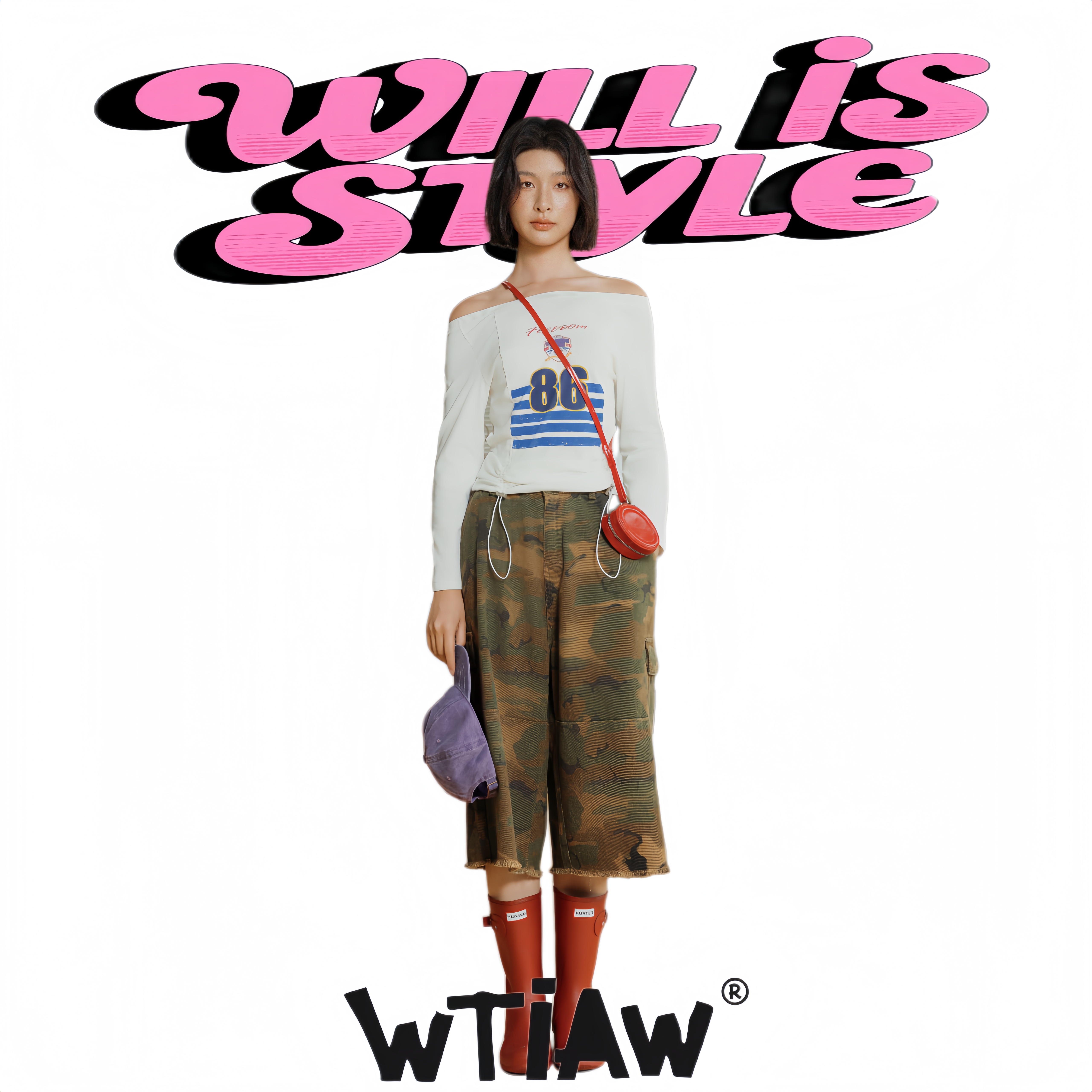 WTIAW2025YY一字肩印花抽绳弹力上衣
