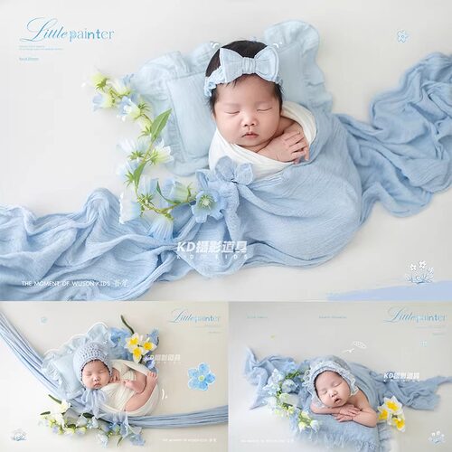 KD原创新生儿摄影蓝帽裹布道具