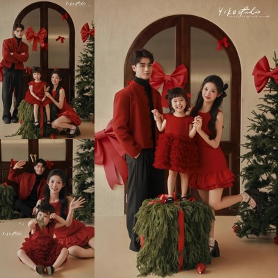 儿童摄影服装全家福红色礼服裙