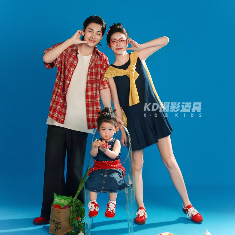儿童摄影服装影楼亲子一家三口拍照套装潮款全家福格子衬衫母女款