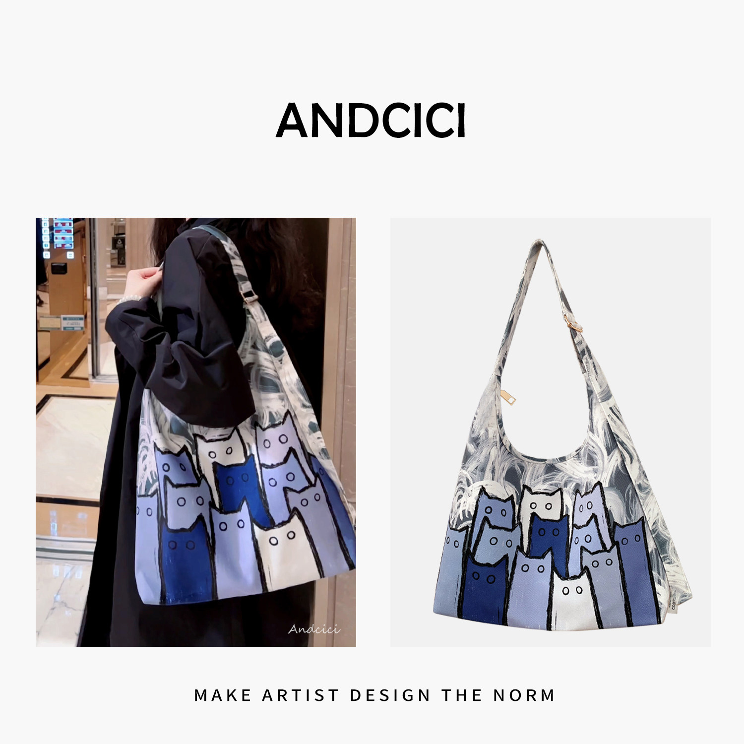 ANDCICI@布鲁猫 设计师拉链新月斜挎包腋下包单肩手提帆布托特包,收纳整理,购物袋/环保袋/帆布袋,淘宝优惠券,粉丝福利购,淘宝优惠卷