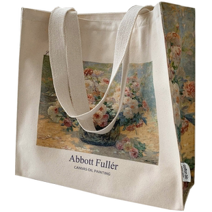 ANDCICI@阿博特FLOWER油画拉链帆布包上班通勤学生书包手提单肩包