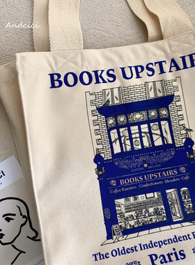 ANDCICI@法国巴黎书店vitage烫金复古帆布袋男女学生书包大托特包