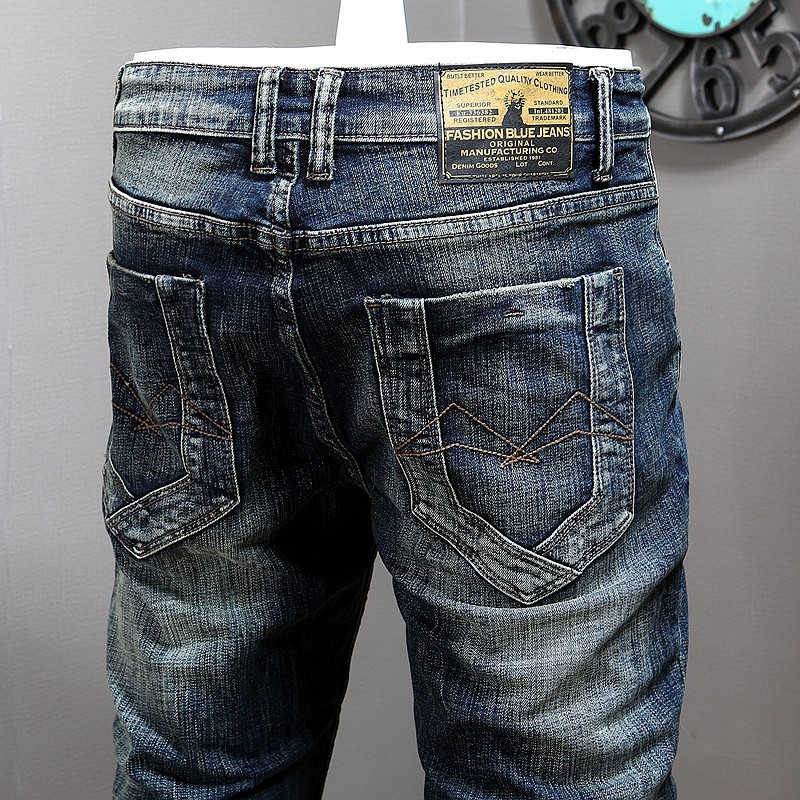 复古乞丐韩版经典破洞小脚牛仔裤男修身弹力欧美深色裤子潮流2025