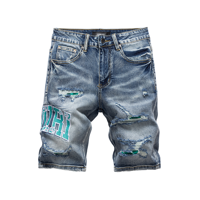 高端轻奢刺绣牛仔短裤男款欧货直筒潮牌五分裤复古破洞补丁中裤子