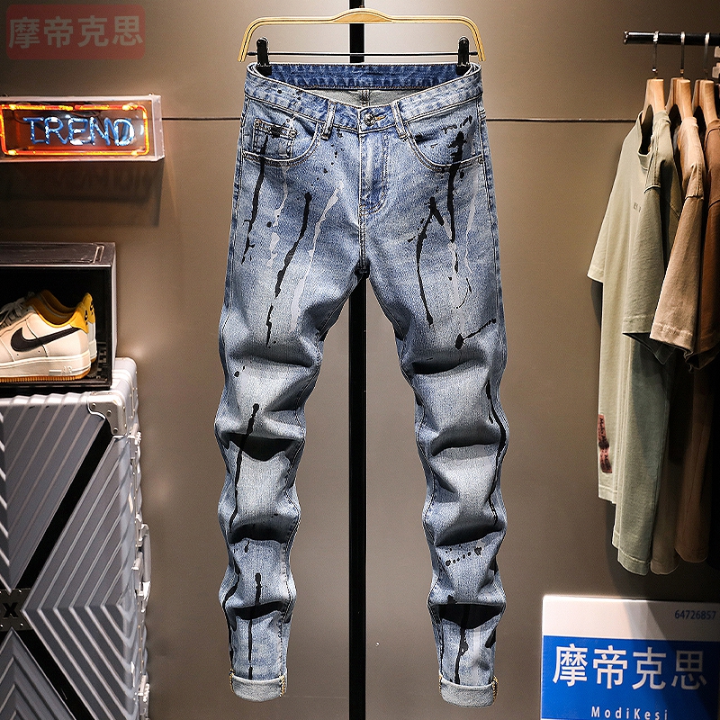 美式高街潮牌油漆泼墨牛仔裤男士
